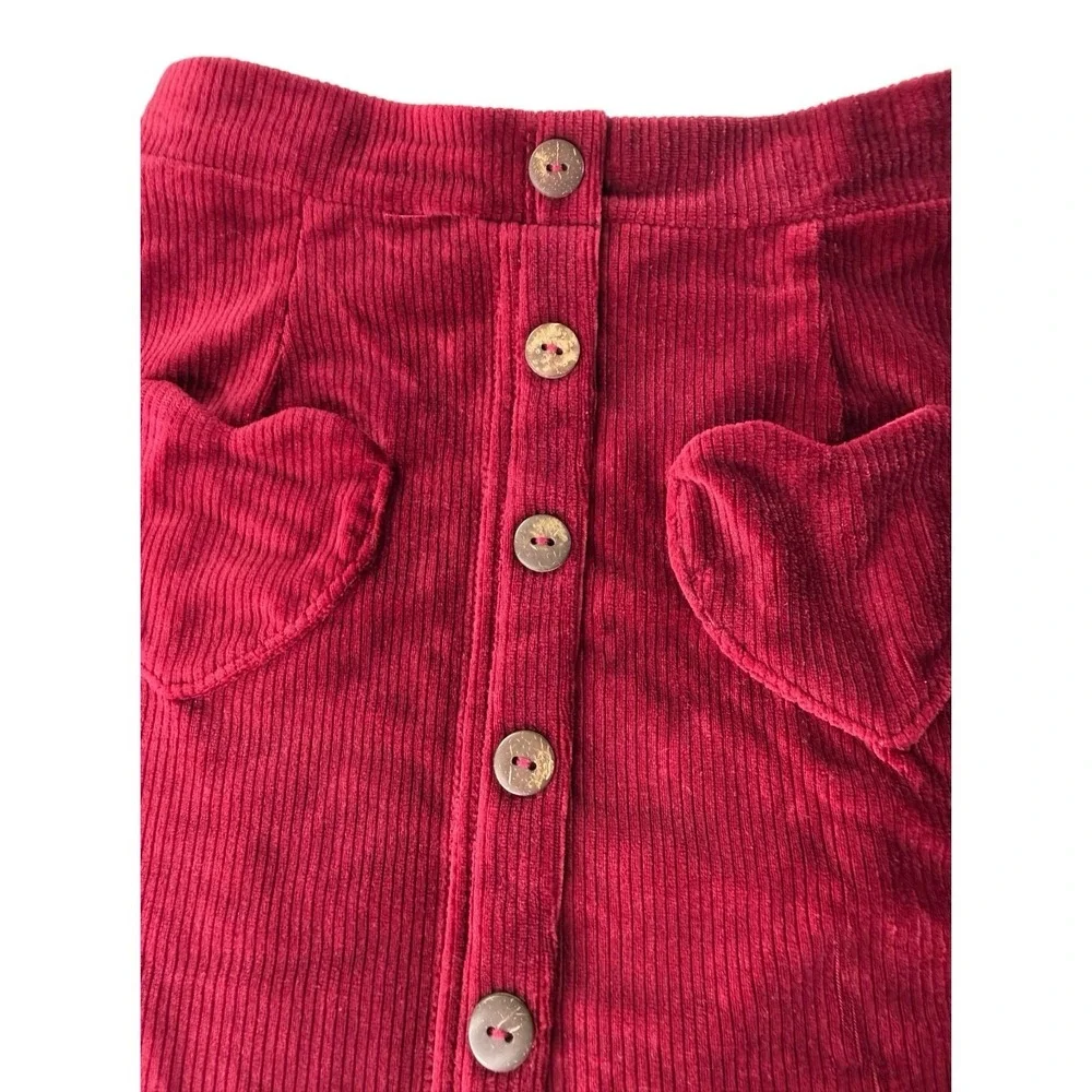 Shosho Girls Corduroy Skirt Size 6/6X Burgundy Red Heart Pockets Button Front - Picture 4 of 6